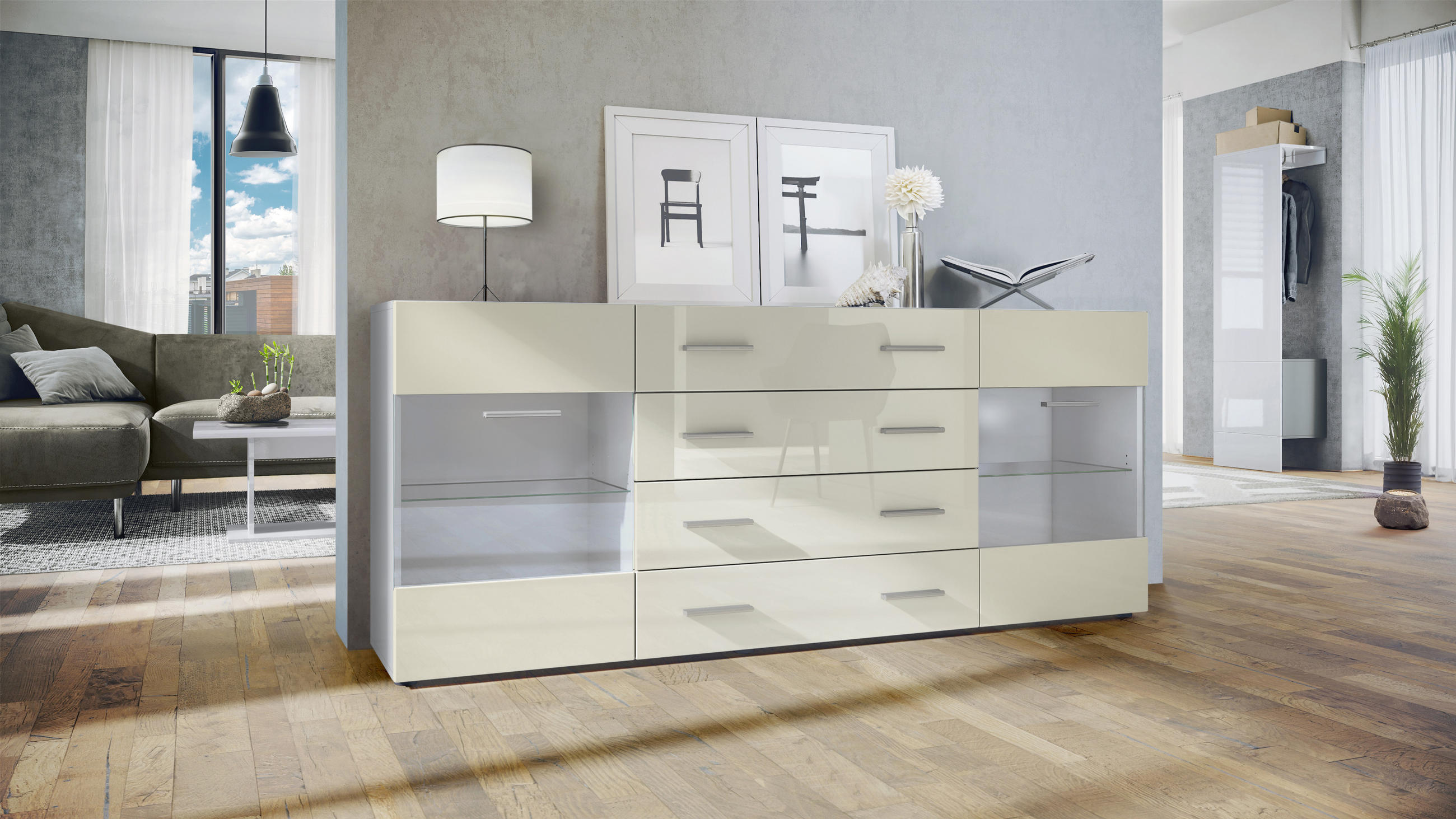 SIDEBOARD Carlos Creme Hochglanz - Creme, Holzwerkstoff (166/72/35cm) - Vladon