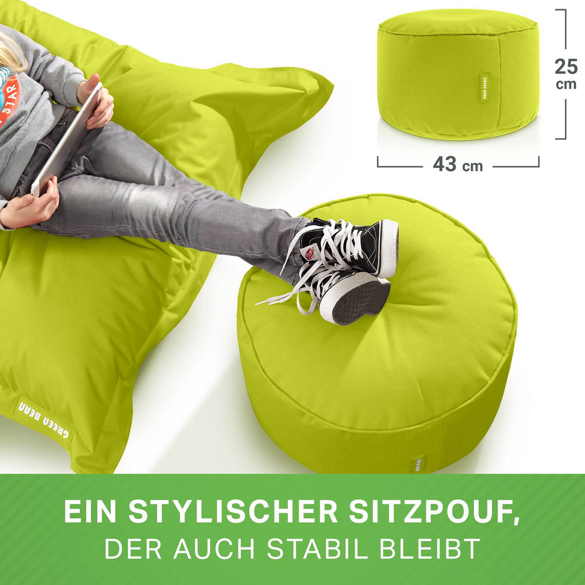 SITZSACK-HOCKER Pouf "Stay" 45x25cm - Hellgrün, Textil (45/25/45cm) - Green Bean