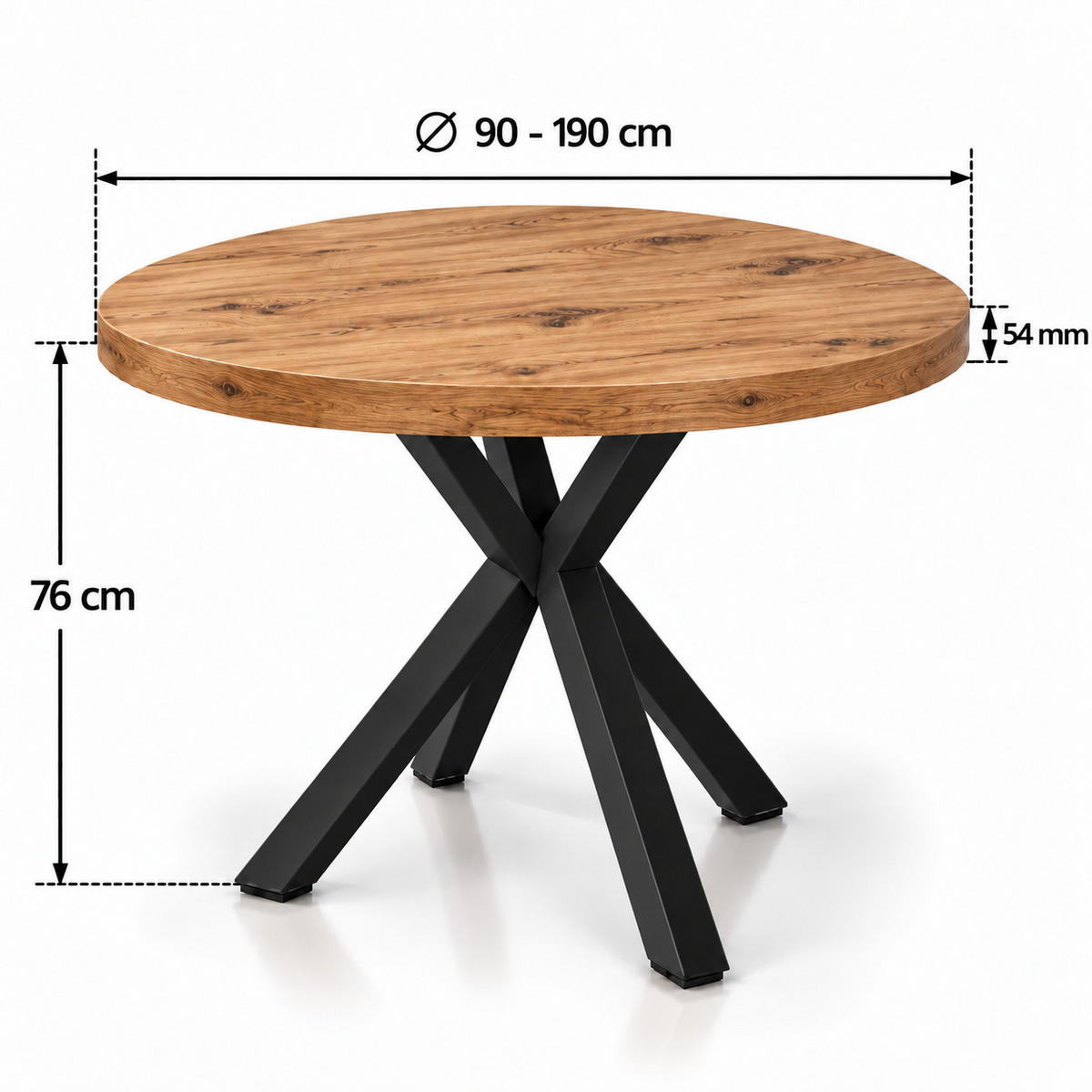 ESSTISCH rund ausziehbar 90/190/76 cm, Eiche Craft, 54 cm Tischplatte + X Metallbeine Schwarz - Eichefarben/Schwarz, Holzwerkstoff/Metall (90/190/76cm) - Damale Möbel