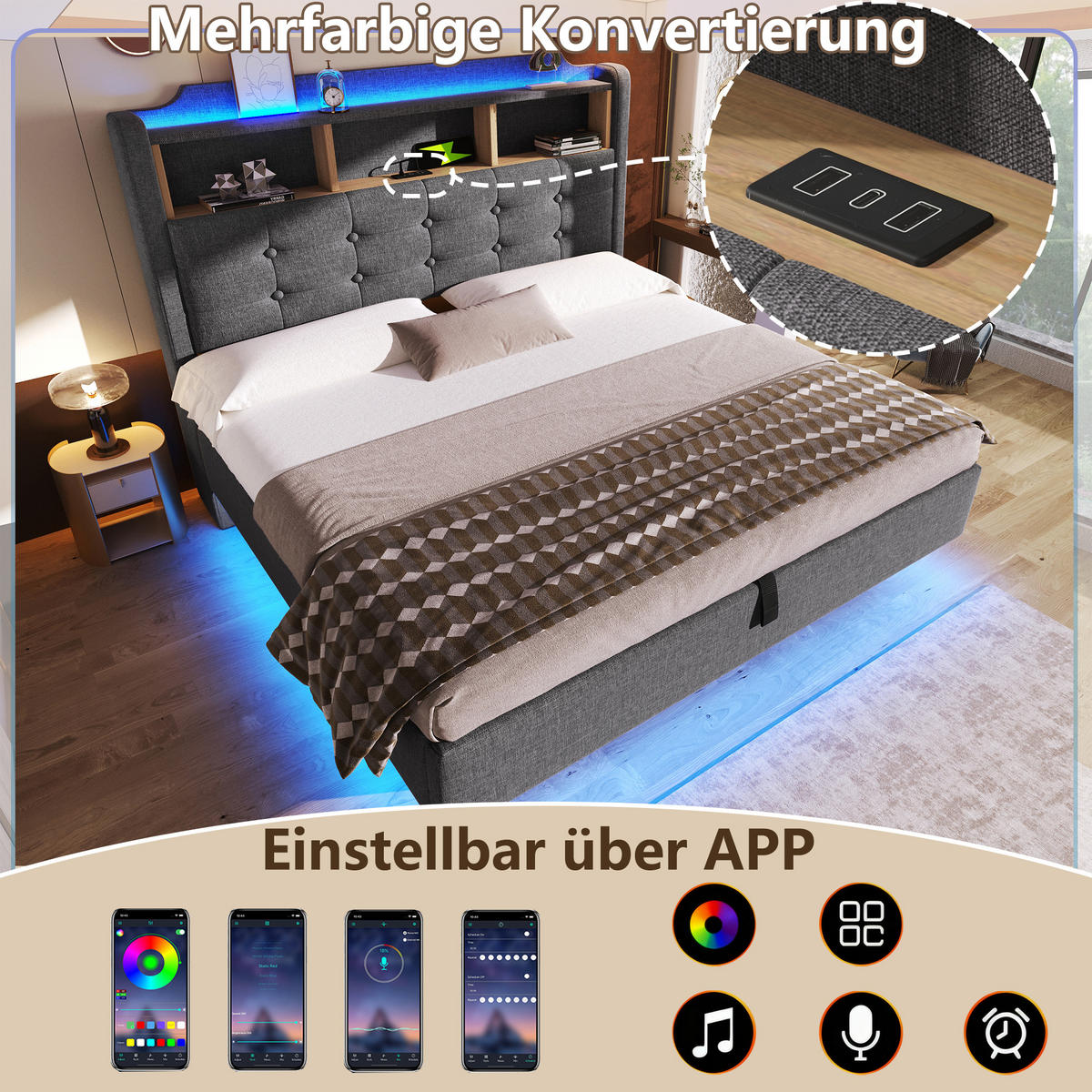 POLSTERBETT 140/200 cm Grau mit LED-Lichtleiste, Staufächer, USB- und Typ-C-Anschlüsse - Grau, Textil (140/200cm) - Oxeza