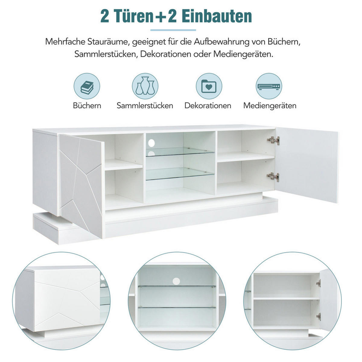 TV-STÄNDER 160cm matt Weiß verstellbare Glasablage bis 70 Zoll - Weiß, Holz (54.61/23.77/65.41cm) - FLIEKS