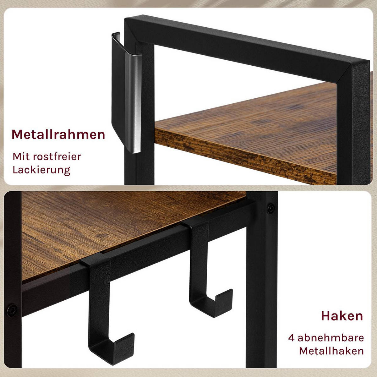 REGAL mit 6 Ebenen, 4 Haken, Vintage-Holzoptik + Schwarz - Nussbaumfarben, Holzwerkstoff/Metall (40/187/30cm) - Woltu