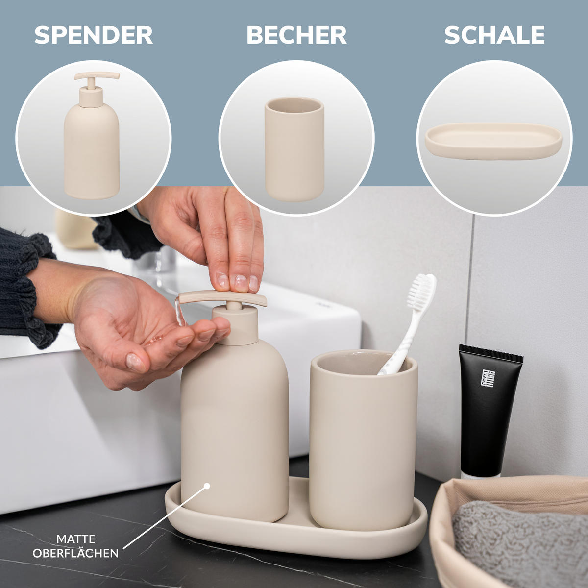 BAD-ACCESSOIRES-SET CERANO, Soft-Touch, beige - Schwarz, Keramik (8/18/8cm) - eluno