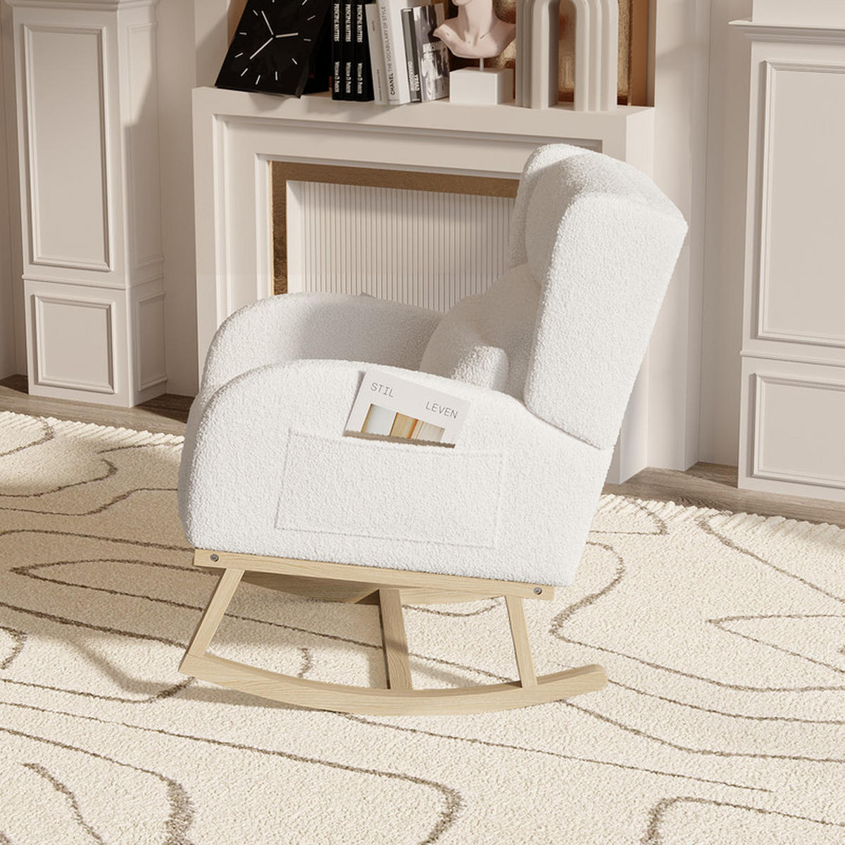 SCHAUKELSTUHL, Sessel mit Massivholzfüßen für Wohnzimmer und Schlafzimmer - Weiß, Textil (65/89/92cm) - WoodenAura