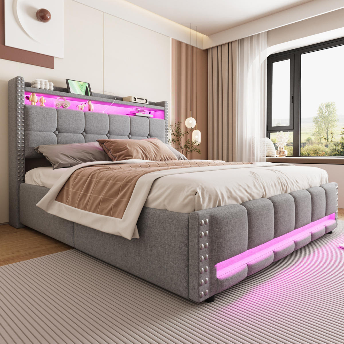 ČALÚNENÁ posteľ z leinenstoffu 160x200 cm svetlosivá s LED osvetlením, USB portom a úložným priestorom - svetlosivá, textil (160/200cm) - Modfu