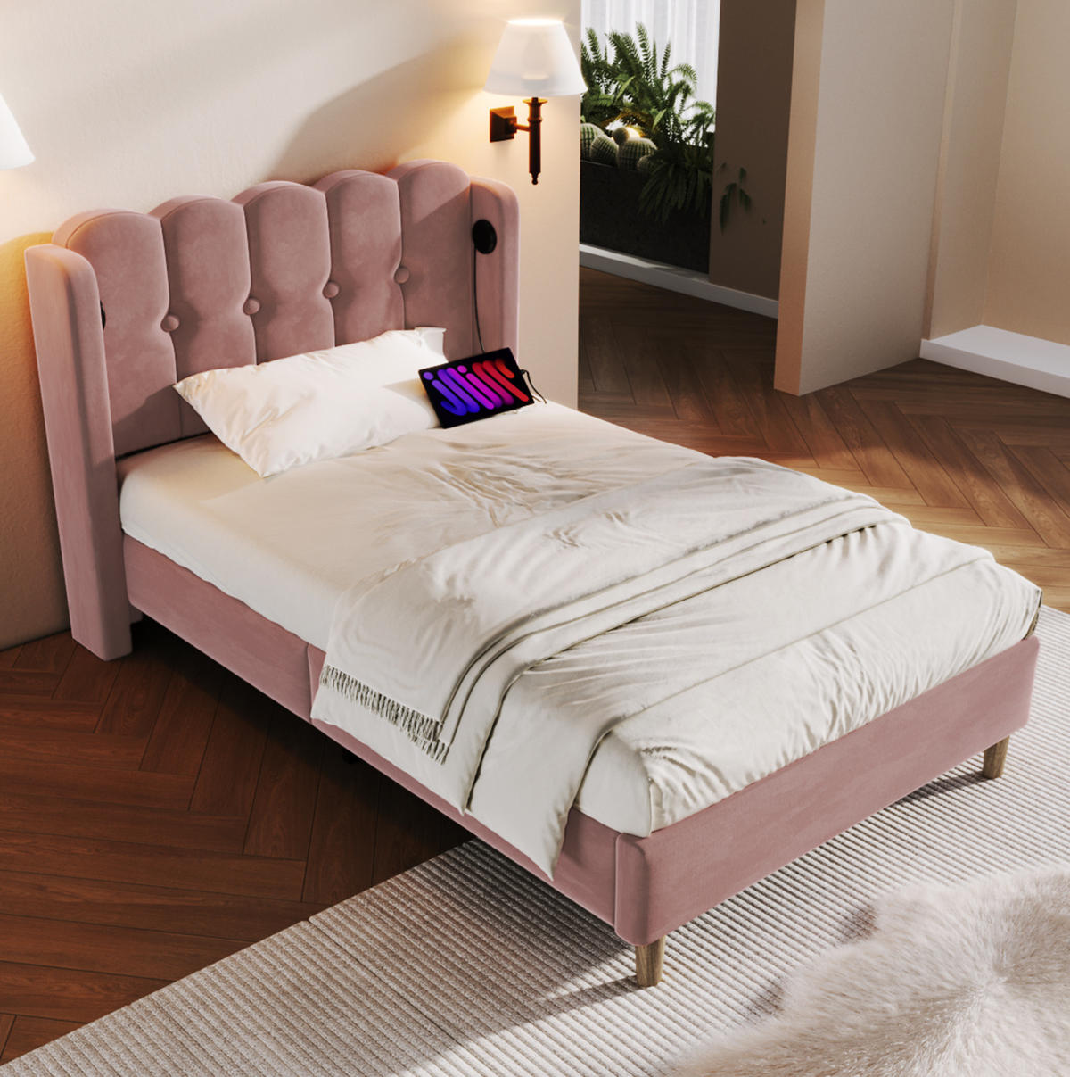 BETT mit USB- und Typ-C-Ladefunktion 90x200 cm Samt Rosa - Pink, Metall (90/200cm) - Meubliv