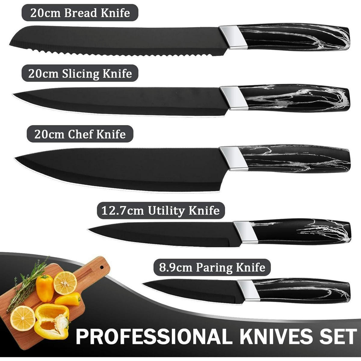 KÜCHENMESSERSET 5-teiliges Set Schwarz Edelstahl - Schwarz, Metall