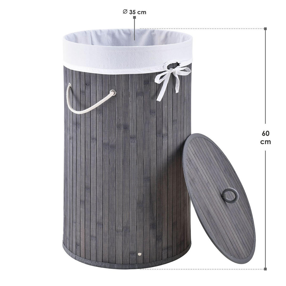 WÄSCHEKORB Curly-Round 55 L grau - Grau, Holz (35/60/35cm) - Juskys