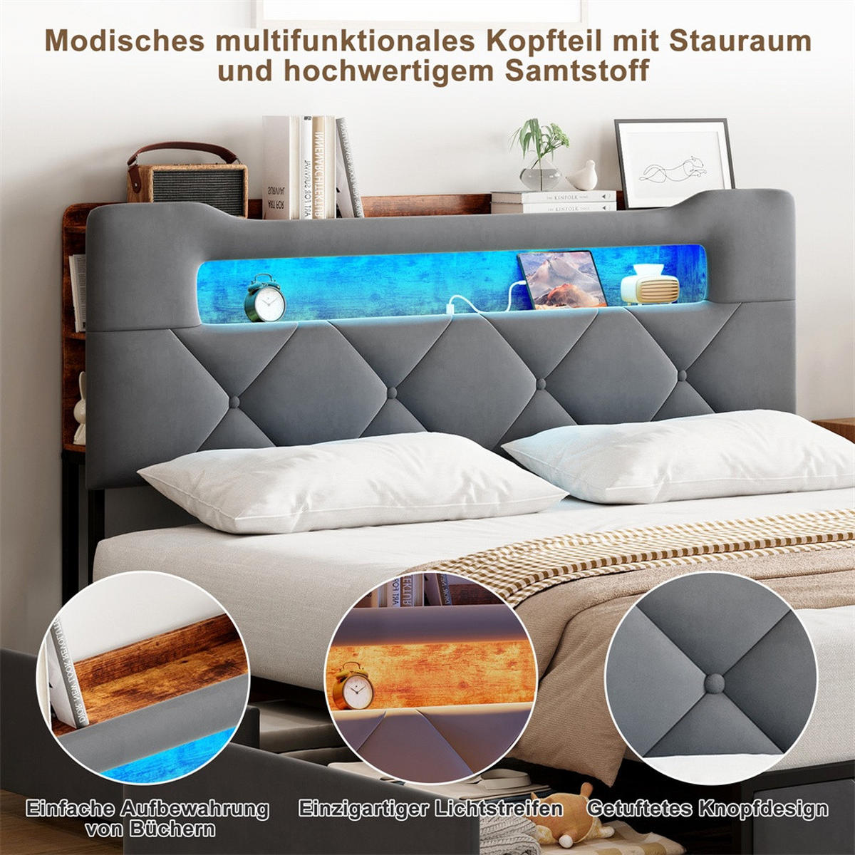 POLSTERBETT 160x200 cm - Doppelbett mit Stauraumkopfteil - 4 Schubladen und LED-Beleuchtung - ohne Matratze - Grau - Grau, Textil (160/200cm) - DELFA