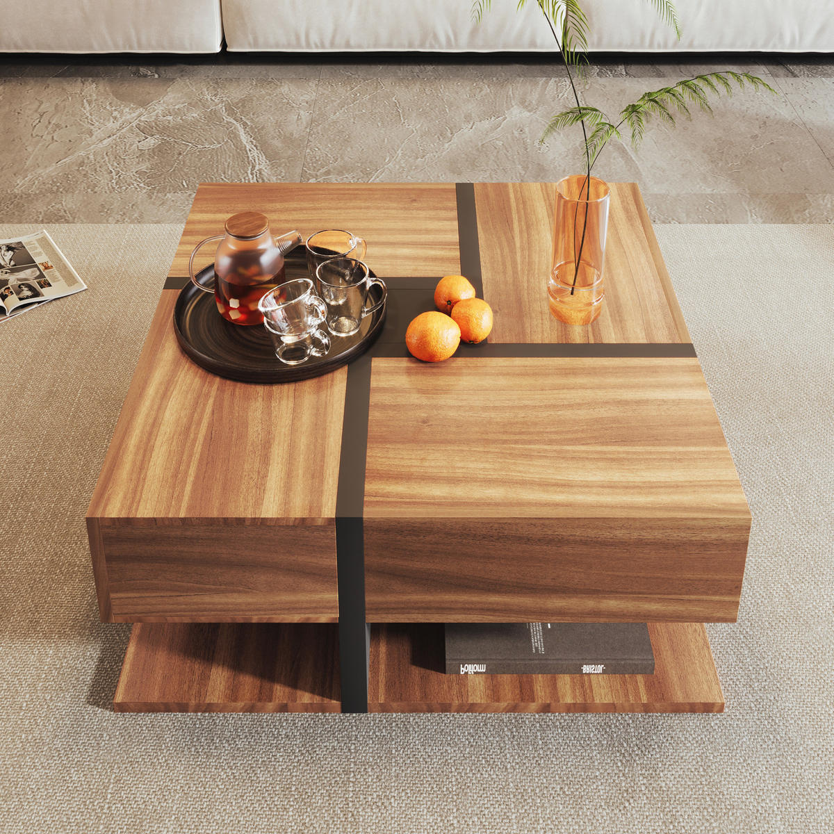 COUCHTISCH 78/78/36 cm mit 4 Schubladen und Ablage in Natur/Schwarz - Naturfarben, Holzwerkstoff (78/78/36cm) - Flora Grace