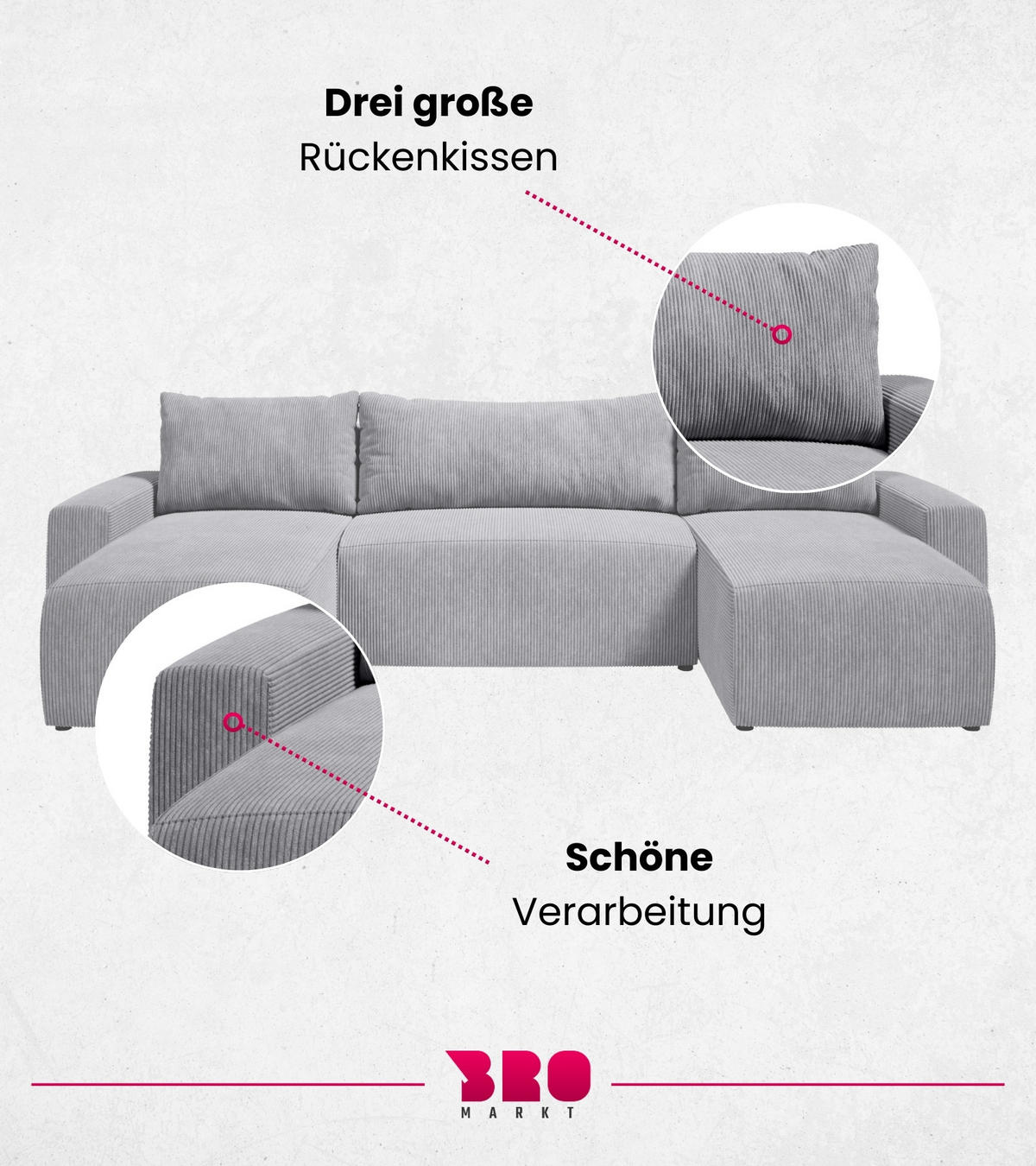WOHNLANDSCHAFT Plush mit Schlaffunktion Hellgrau Cord - Hellgrau, Kunststoff/Textil (315/72/145cm) - Bromarkt