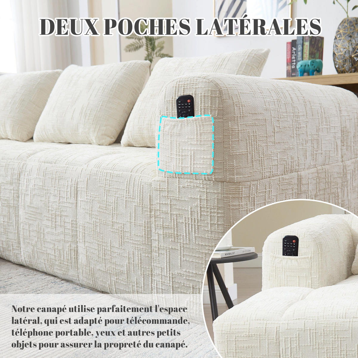 ECKSOFA 3-Sitzer mit Chaiselongue Taschen, Beige Chenille - Beige, Textil (158/250cm) - Urban Meuble