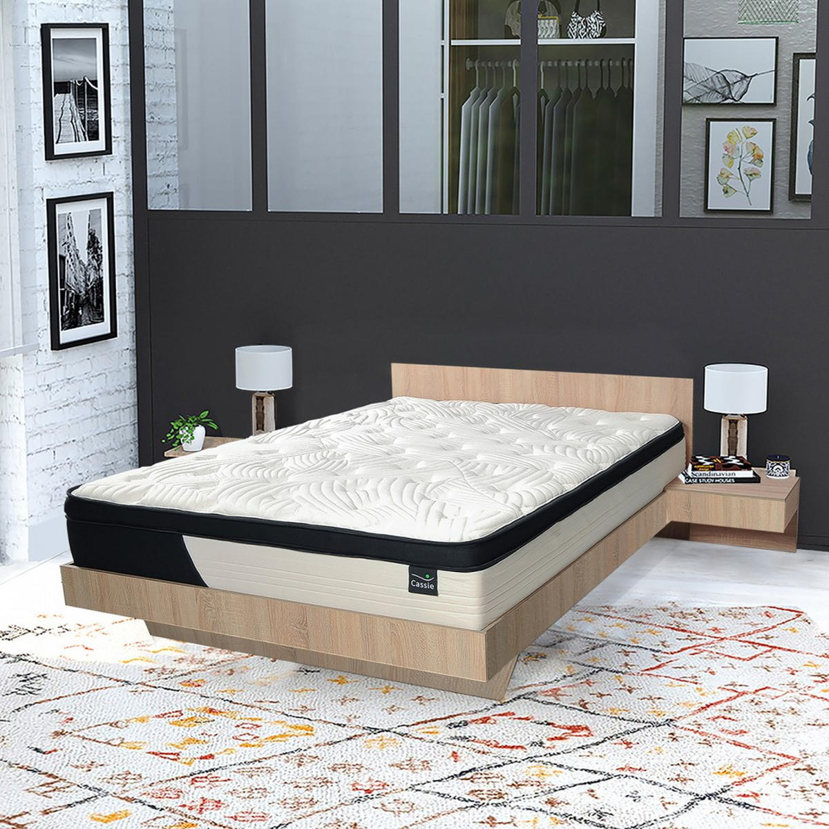 BETT COOL 140x190 cm + 2 Konsolen + Lattenrost + Matratze CASSIE / Gebleichte Eiche - Sonoma Eiche, Holzwerkstoff - Weber Industries