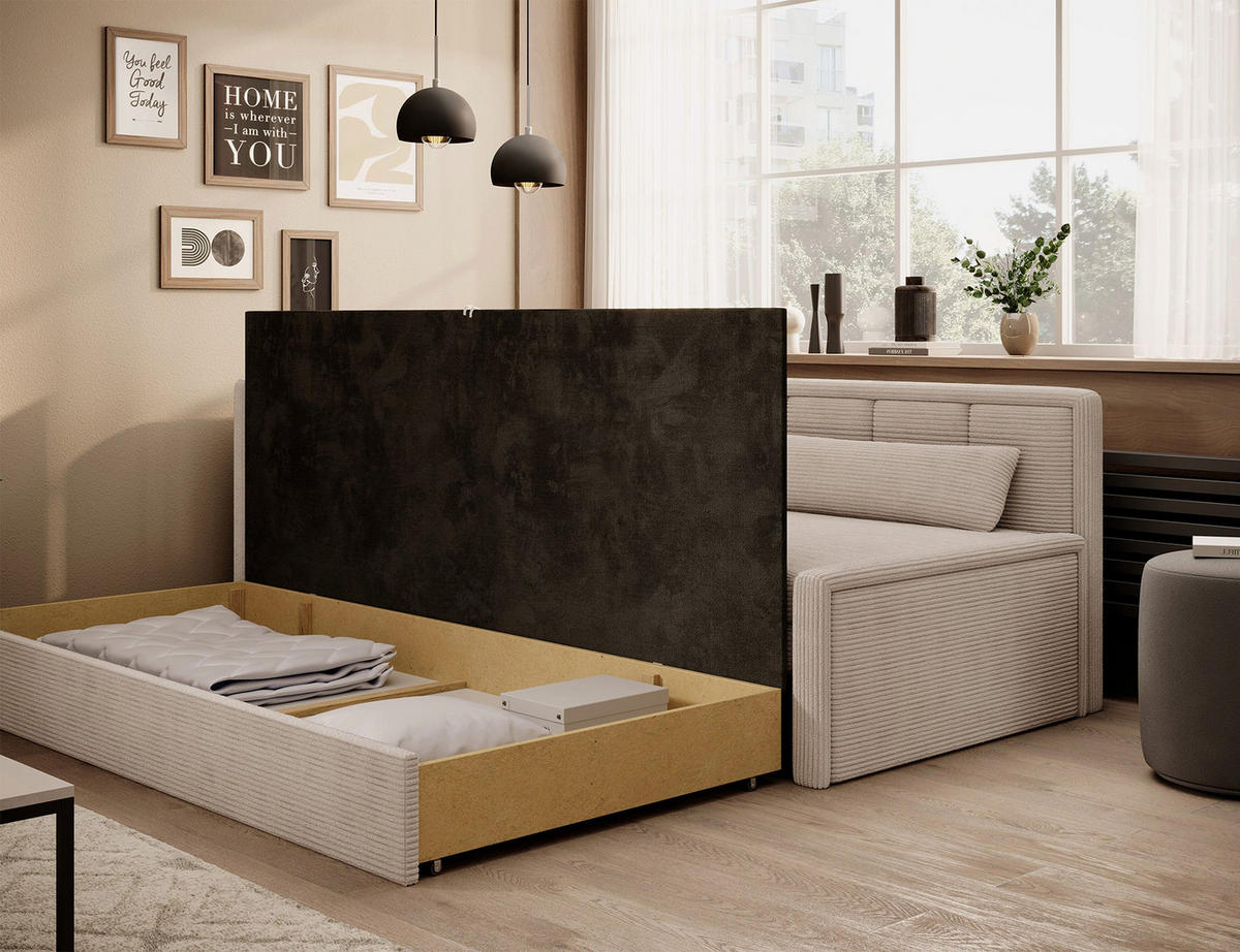 SCHLAFSOFA FULGEO mit Schlaffunktion & Bettkasten – Modernes 3-Sitzer Sofa, Liegefläche 200 x 150 cm - Beige, Kunststoff (214/82/77cm) - Wohnideebilder
