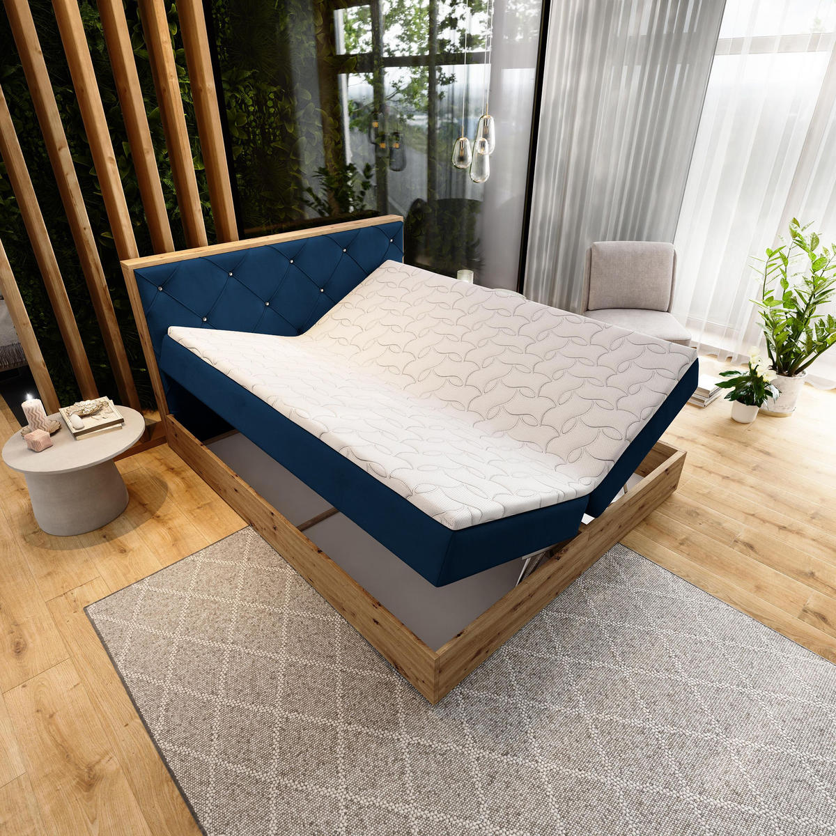 BOXBETT FOSCO 160x200 cm mit Matratze und Topper - Blau - Blau, Holz (160/200cm) - MASSENO