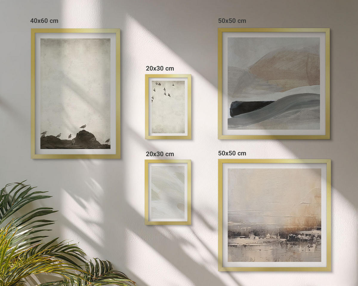 BILDER SET 5er Set - 50x50 cm & 20x30 cm & 40x60 cm Goldrahmen - Vögel, Steine, Pinselstriche, Verzierungen - Goldfarben, Kunststoff (40/60cm) - TULUP