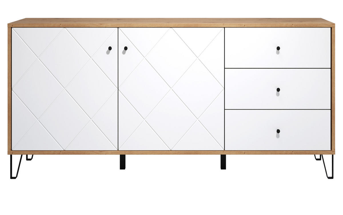 SIDEBOARD weiß matt mit Rautenoptik, Eiche Artisan 183 cm, Kommode mit Soft-Close - Eichefarben/Schwarz, Holzwerkstoff/Kunststoff (183/76/40cm) - Top.Furn