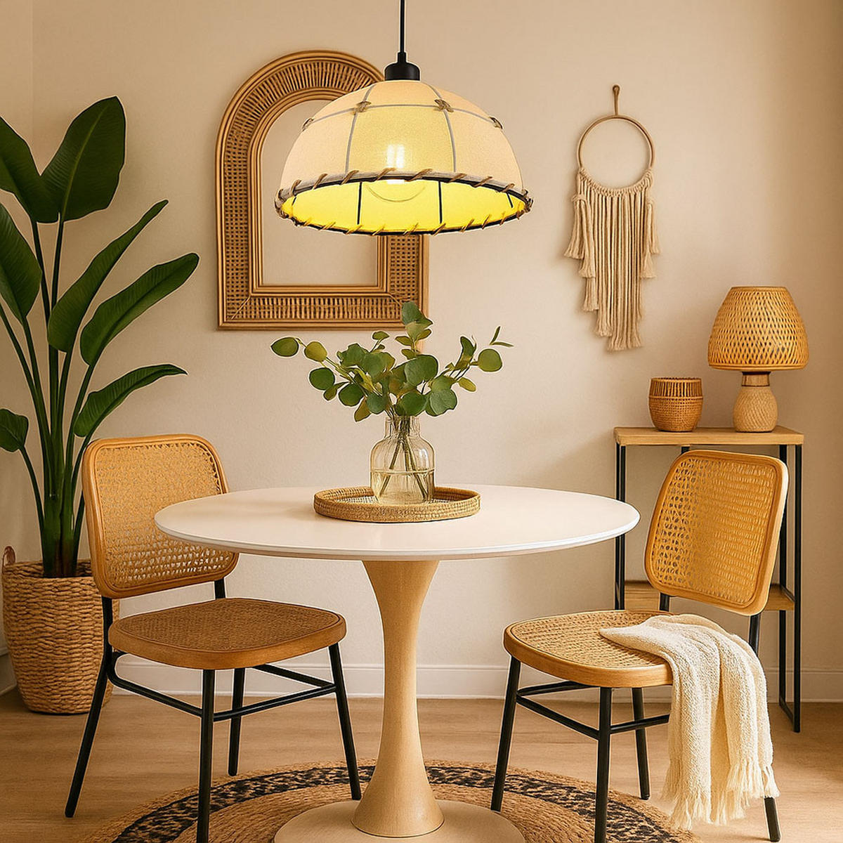 LED HÄNGELEUCHTE Hanfseil Beige Schwarz - Beige, Metall (30/30/120cm) - Globo Lighting