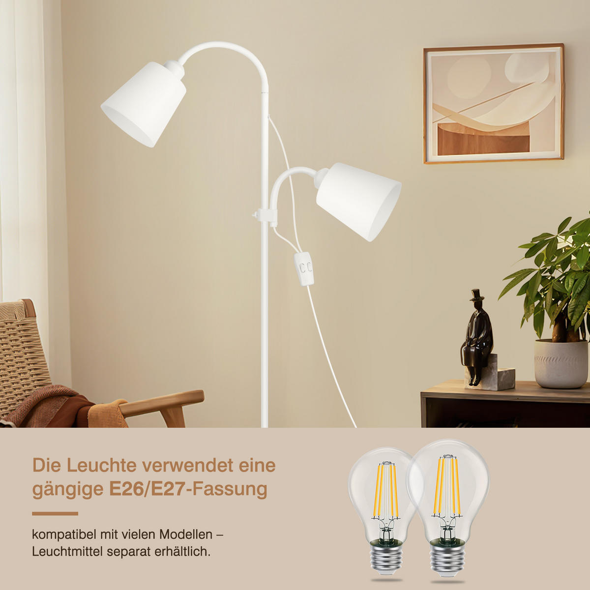 STEHLEUCHTE FL1061A mit Schalter - Weiß, Metall (22/22/170cm) - LOVHAUS