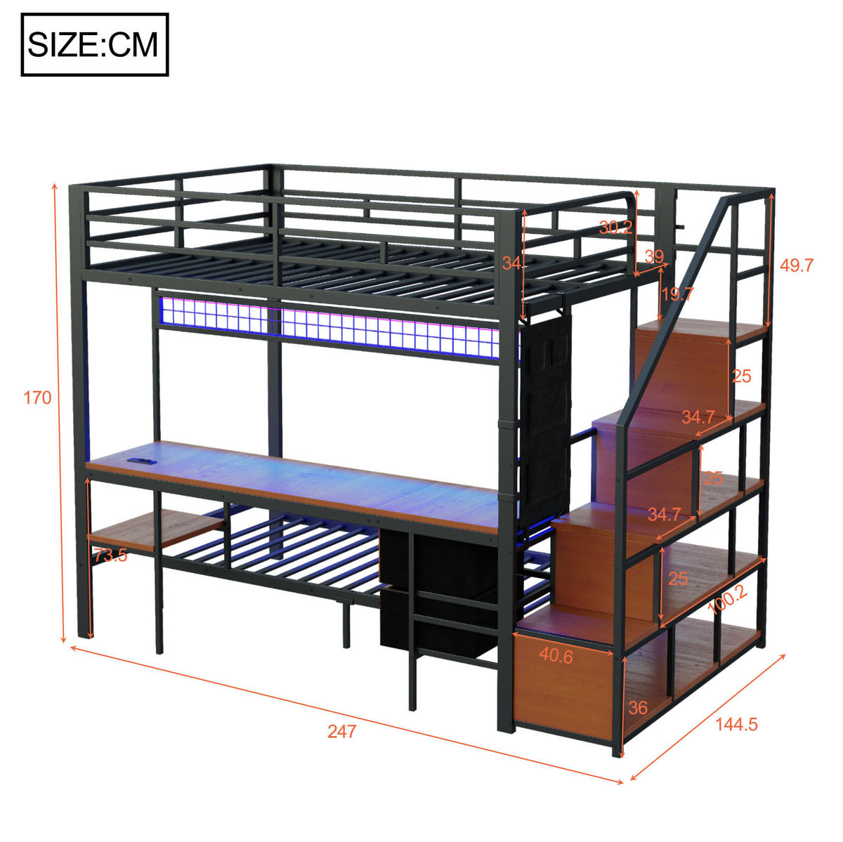 HOCHBETT 140/200 cm Schwarz aus Metall und Holz mit Schreibtisch und Unterbett - Schwarz, Metall (140/200cm) - OKMYHOME