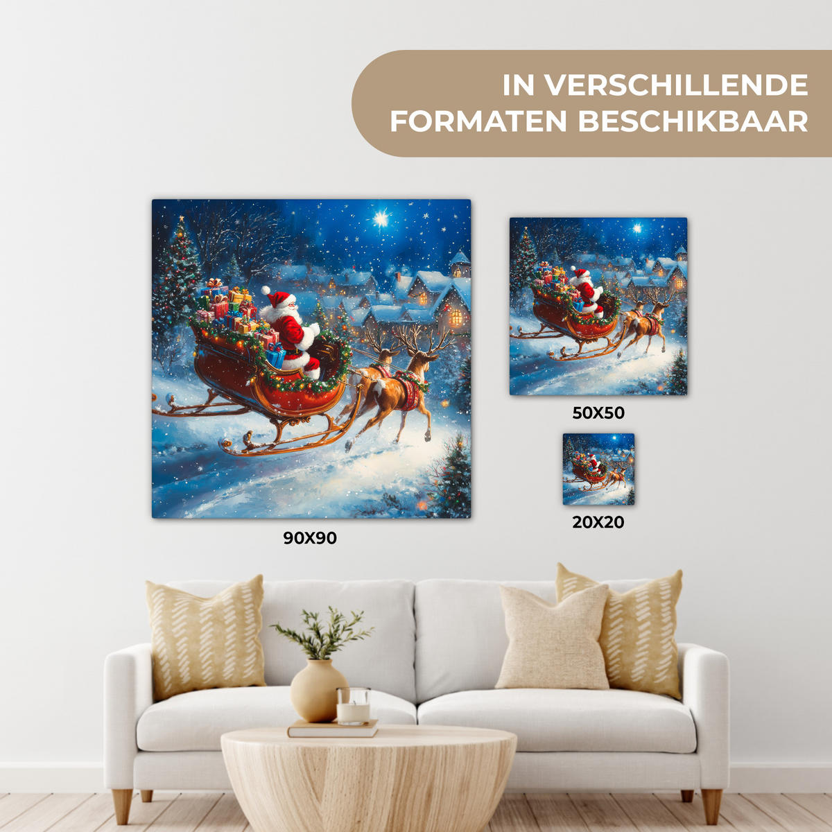 LEINWANDBILD Weihnachtsmann - Rentier - Weihnachten - Schnee Wandbild Wohnzimmer 50x50 cm - Cognac, Textil (50/50cm) - MuchoWow