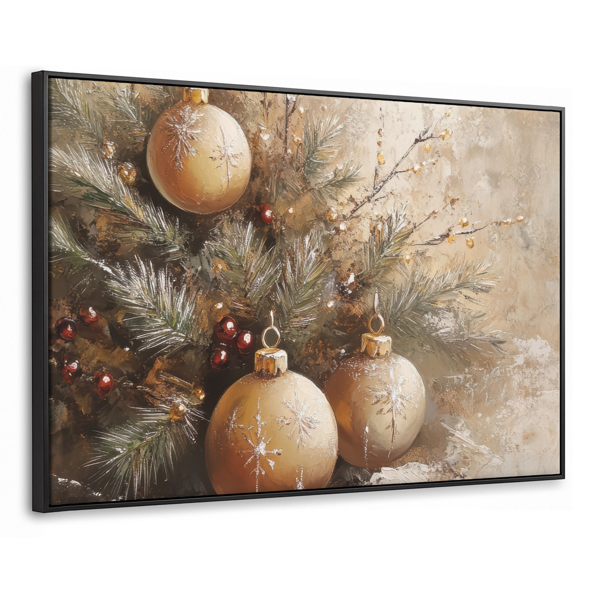 LEINWAND Bilder mit Rahmen - Weihnachten - Kugeln - Beige - Gold - 120x80 - Goldfarben, Textil (120/80cm) - MuchoWow