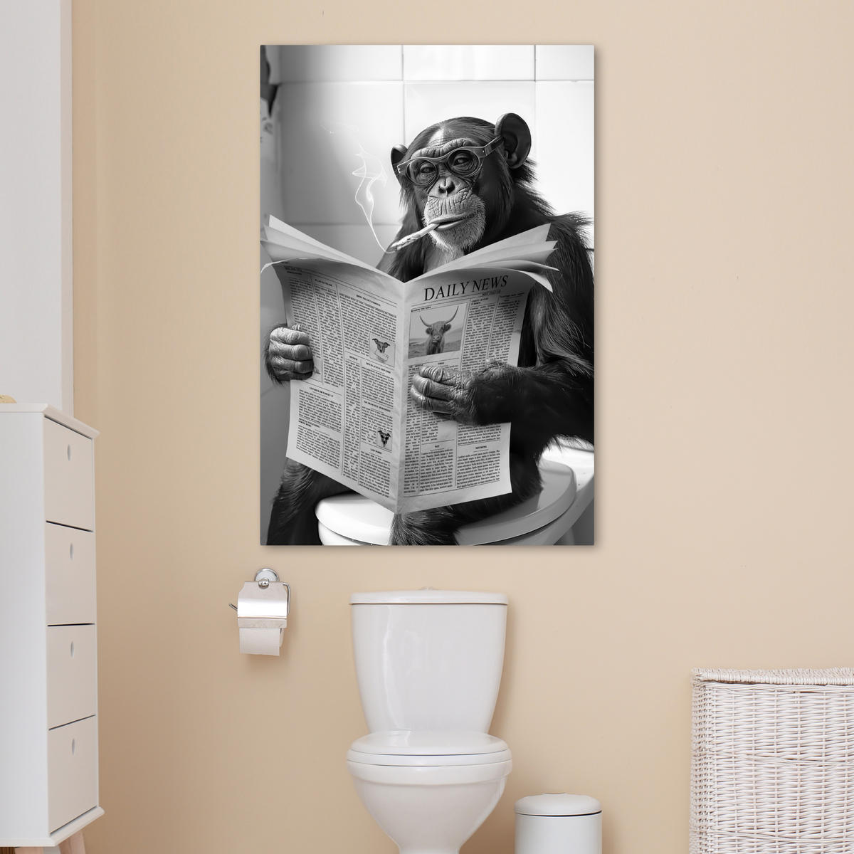 LEINWANDBILD Affe - WC - Zeitung - Schwarz-Weiß - Humor 80x120 cm - Hellgrau, Textil (80/120cm) - MuchoWow