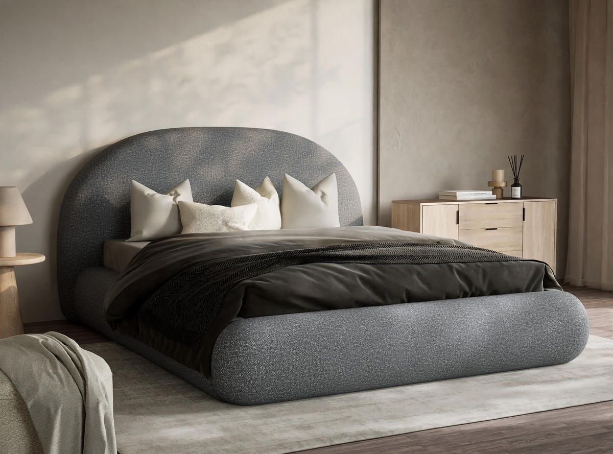 POLSTERBETT Maumere Grau 180/200 cm im Boucle-Stoff - Schwarz/Naturfarben, Holz/Holzwerkstoff (180/200cm) - Maison de Reve