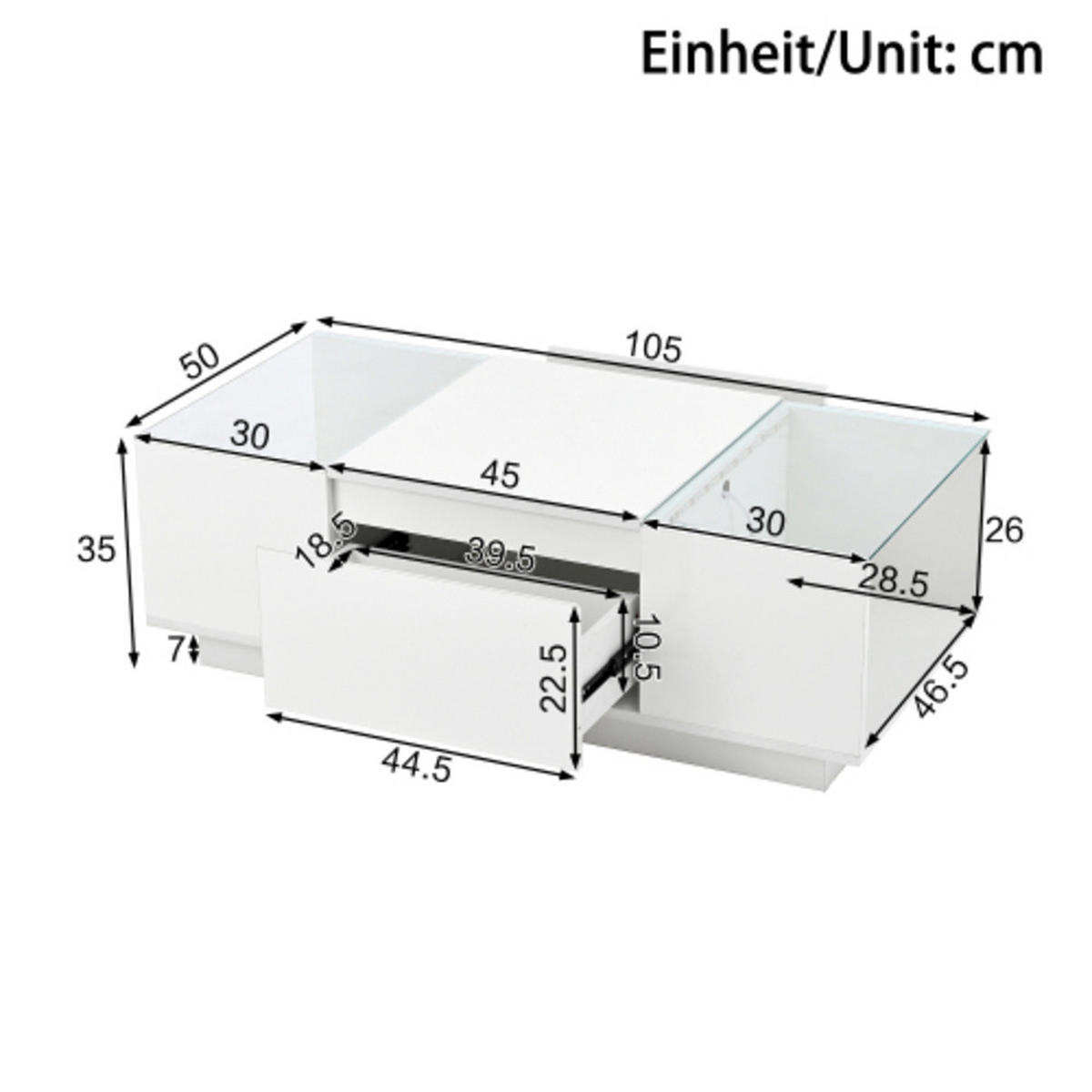COUCHTISCH Weiß aus Spanplatte mit Bluetooth LED-Licht und Glasverkleidung 105×50×35 cm - Weiß, Holzwerkstoff (50/105/35cm) - Luhomfu