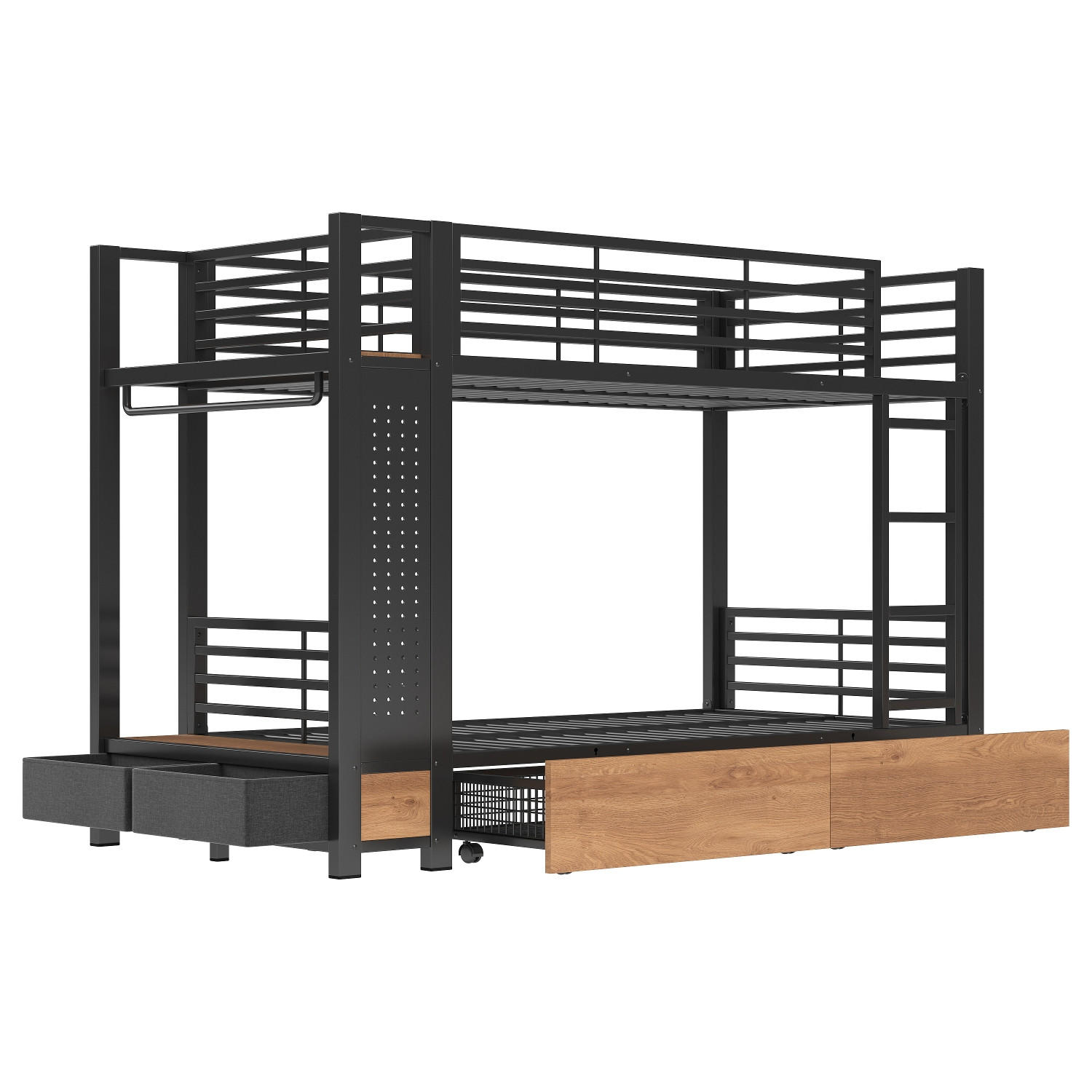 ETAGENBETT 90/200 cm Schwarz mit 4 Schubladen, LED-Lichtleiste und Kleiderstange - Schwarz, Metall (90/200cm) - Oxeza