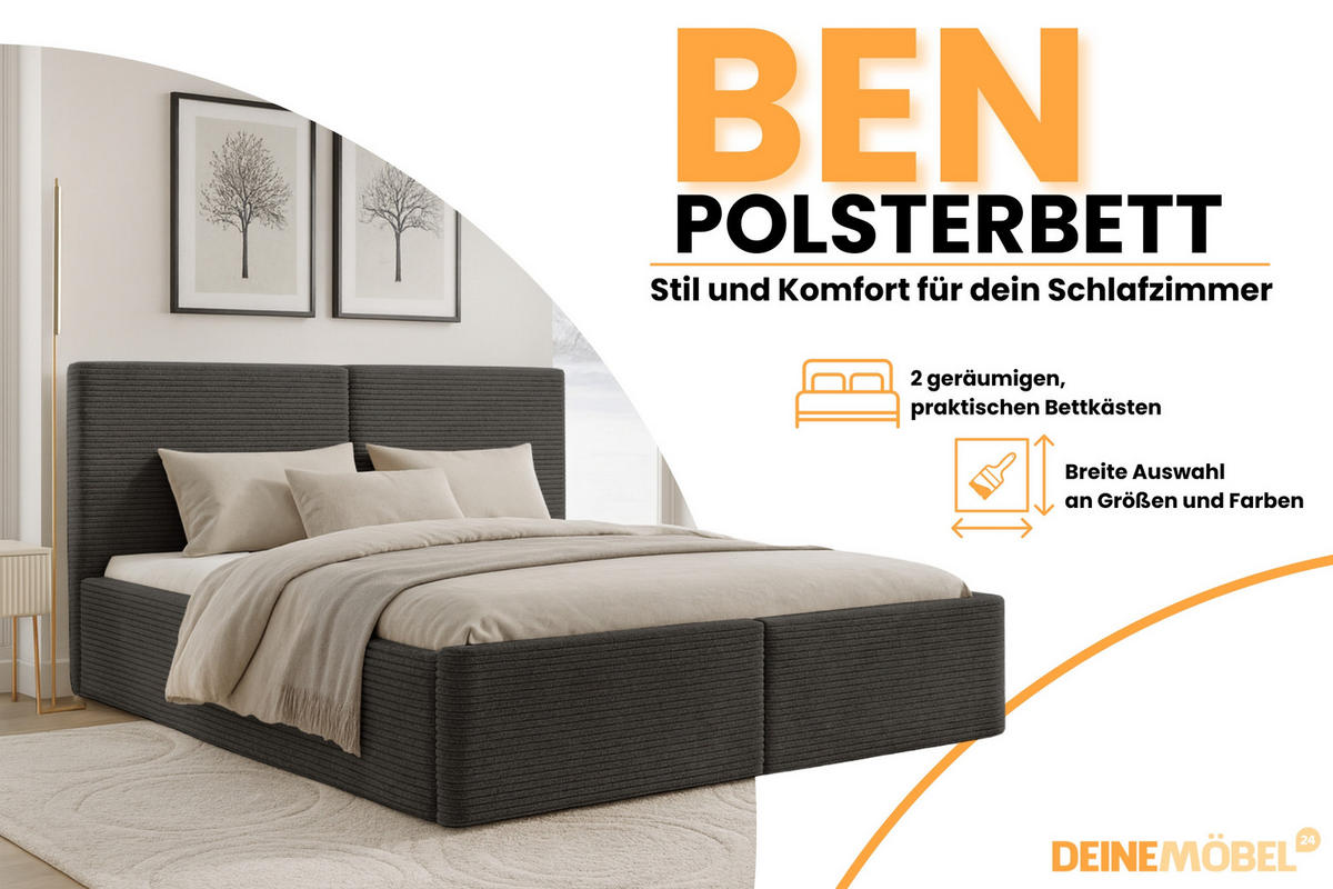 POLSTERBETT BEN 140/200 in Cord Anthrazit - Grau, Holz/Holzwerkstoff (140/200cm) - Deine Möbel 24