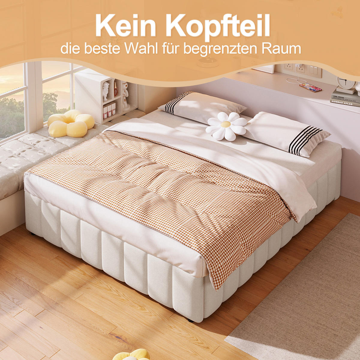TAPECIRANI krevet 140/200 cm bež od lana s hidrauličnim spremištem bez uzglavlja - bež, tekstil (140/200cm) - OKWISH