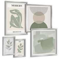BILDER SET 5er Set - 50x50 cm & 20x30 cm & 40x60 cm Silberner Rahmen - Stilvolle abstrakte Pflanzengrafiken - Silberfarben, Kunststoff (40/60cm) - TULUP