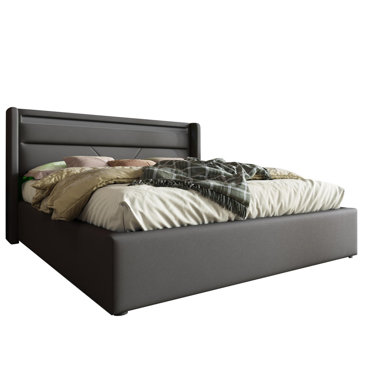 POLSTERBETT 160/200 cm grau mit Stauraum und LED-Beleuchtung - Grau, Kunststoff (160/200cm) - OKWISH