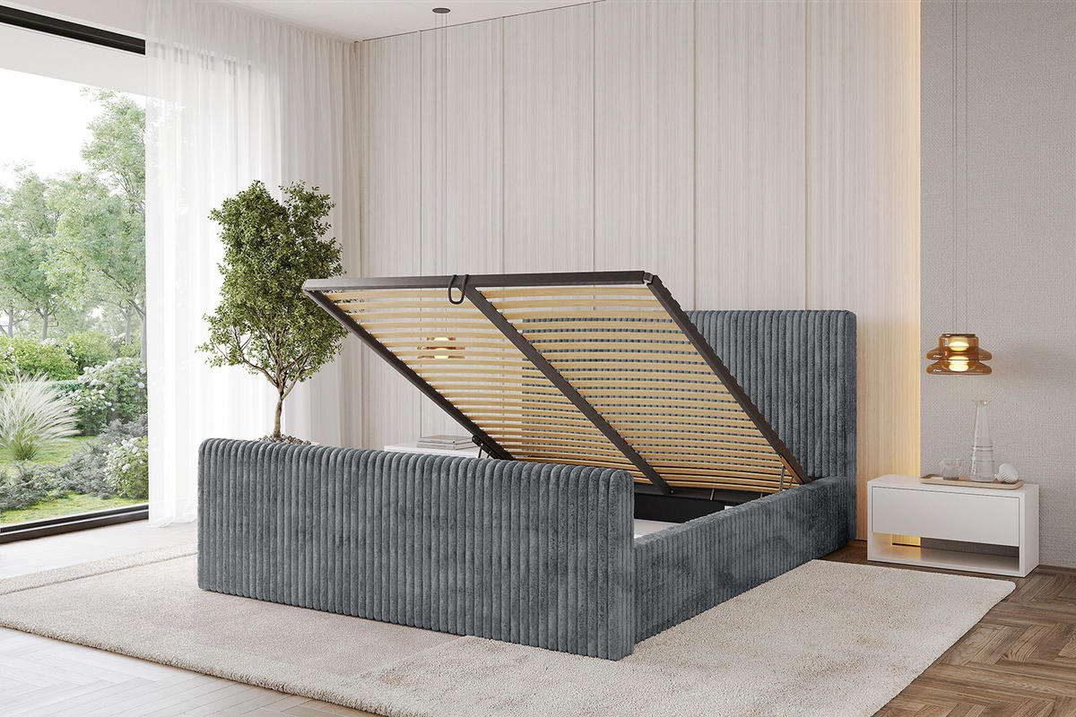 POLSTERBETT mit Bettkasten, Fußteil und Lattenrost, Boxbett mit Matratze H3/H4 - ALOVA-Z-V1 160x200 Dunkelgrau - Dunkelgrau, Holzwerkstoff/Textil (160/200cm) - ALTDECOR