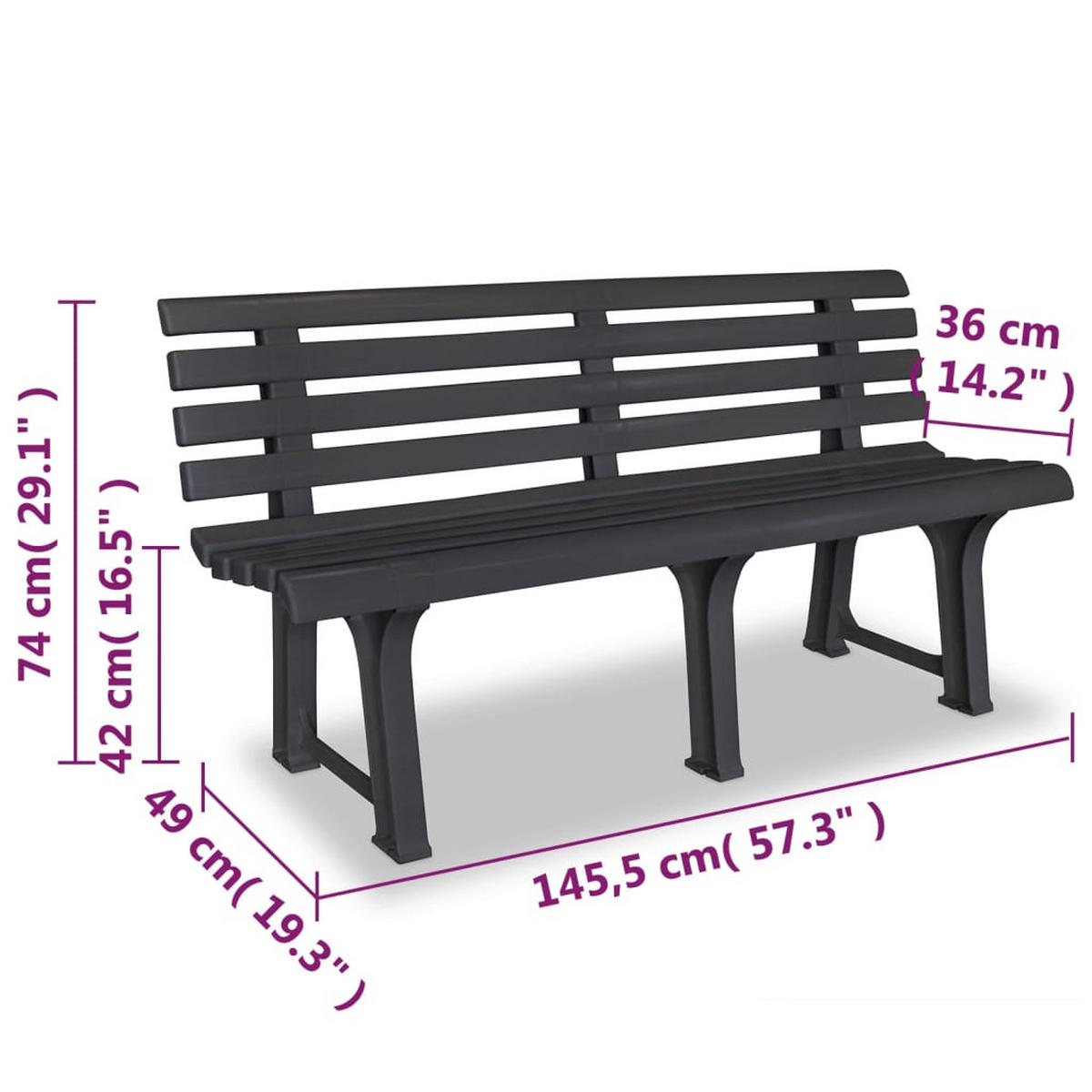 PARKBANK Kato 145,5 cm Kunststoff Anthrazit Gartenbank 3 Sitzer - Anthrazit, Kunststoff (145.5/74/49cm) - DELUKE