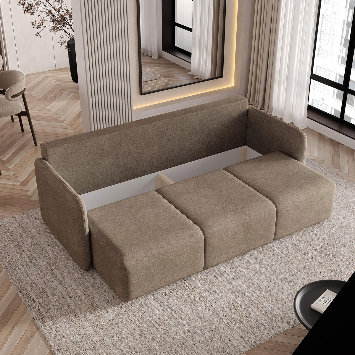 BETTSOFA SUVI III NV Braun Geflochtener Stoff mit Schlaffunktion - Hellbraun, Textil (90/85/220cm) - MASSENO