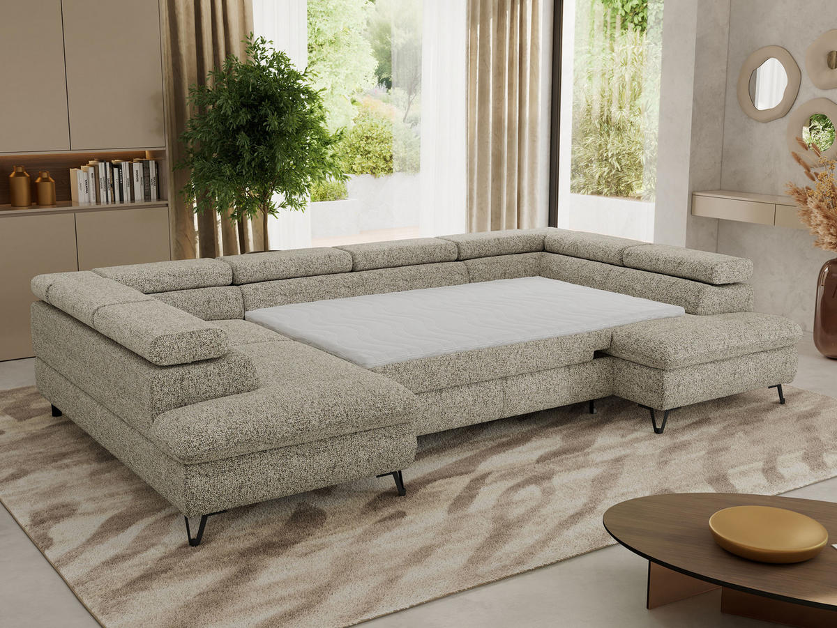 WOHNLANDSCHAFT PABLO U Strukture Beige mit Topper Visco - Beige/Schwarz, Textil/Metall (346/76/208cm) - MKS