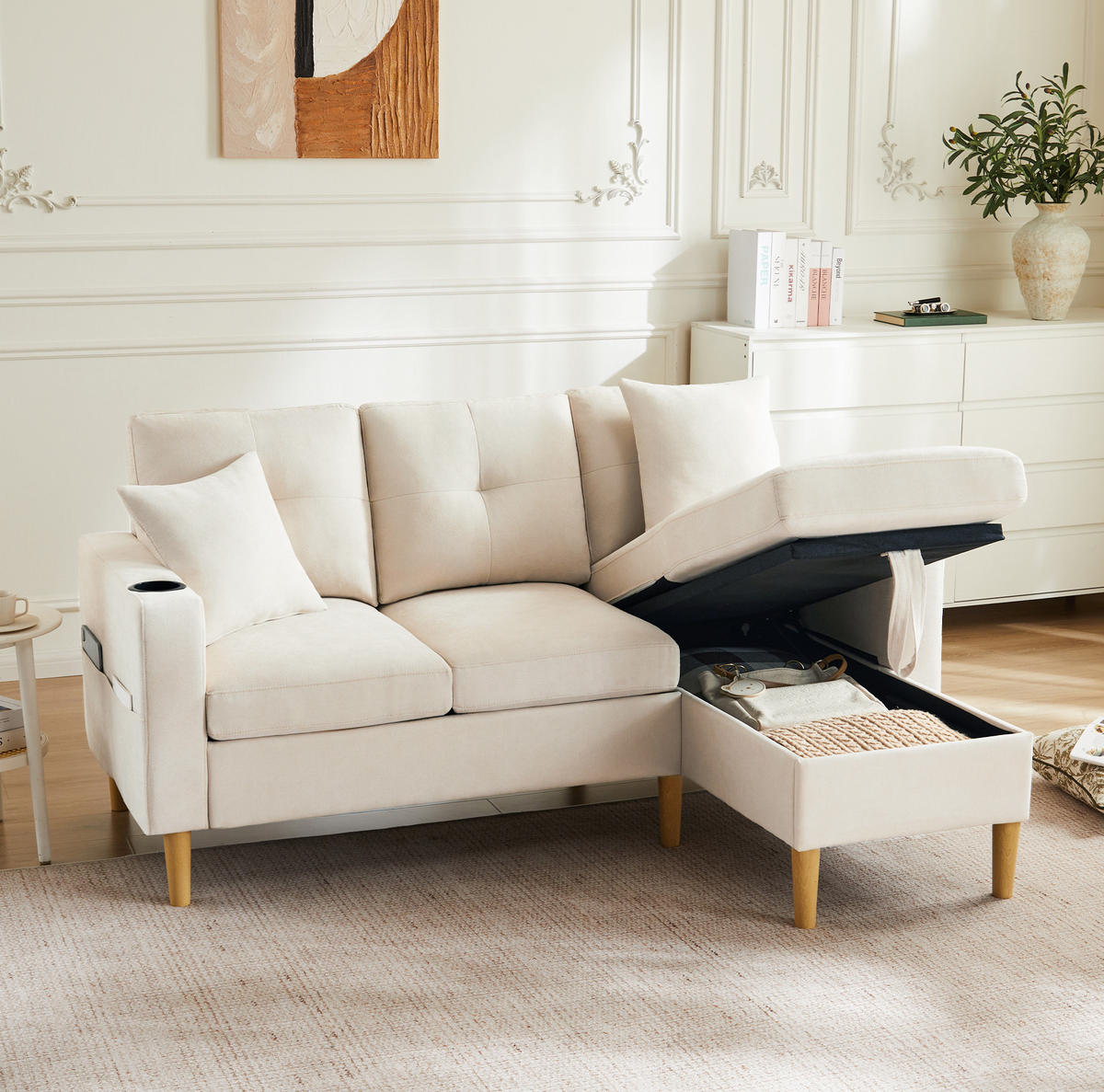 SOFA mit Chaiselongue und Stauraum 175 x 129 cm Beige 2 Kissen - Beige, Holz (129/175cm) - Meubliv