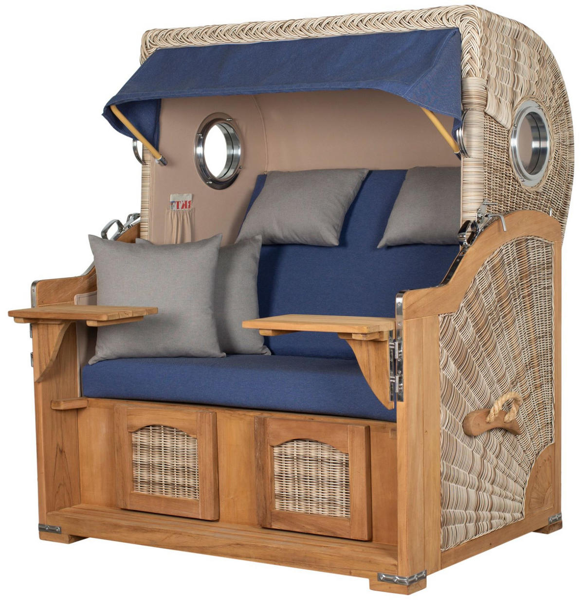 STRANDKORB Komplettset: Ammersee Grande XL Teak Bullauge - PE shell - Modell 595 - Blau/Grau, Holz/Kunststoff (142/165/95cm) - bene living