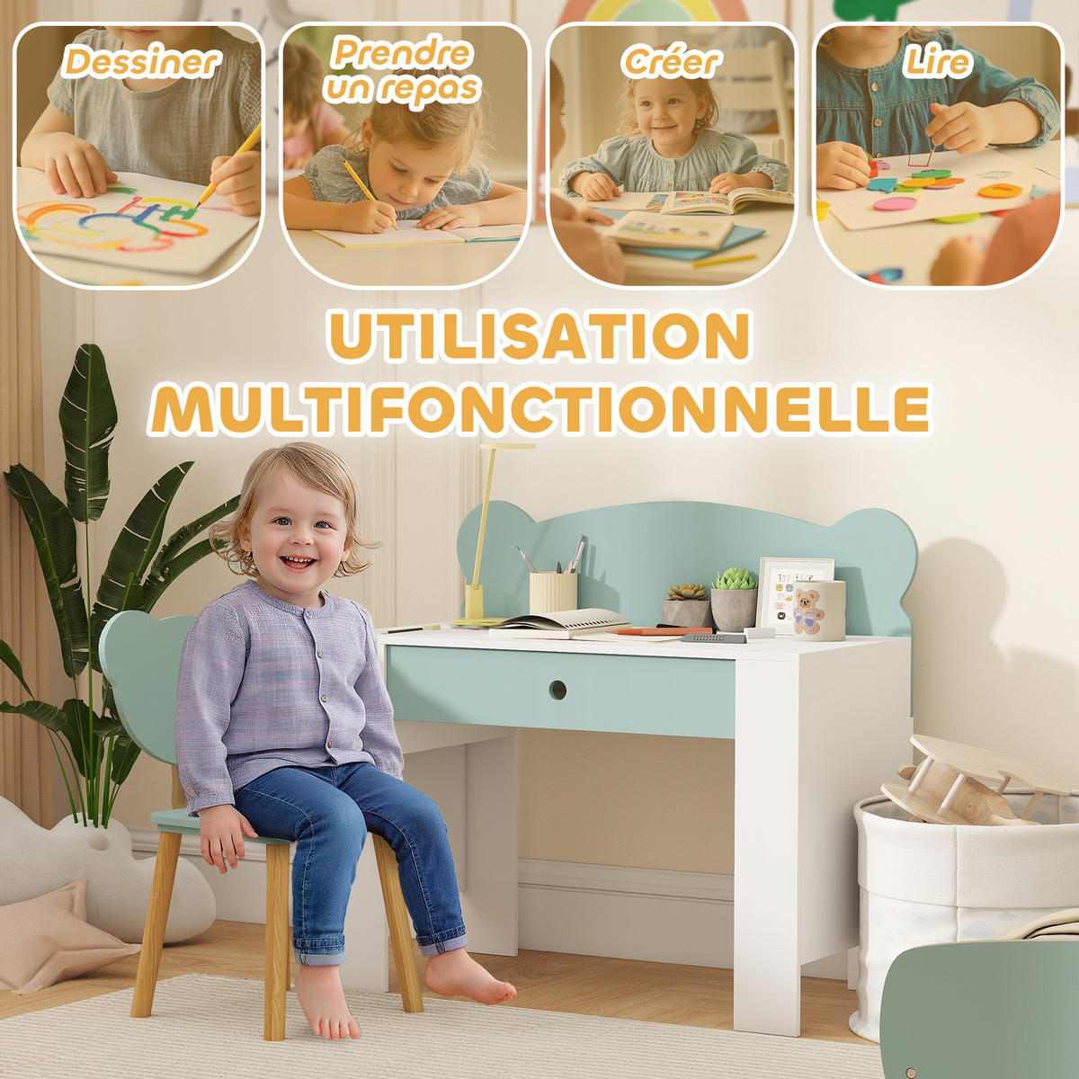 SCHREIBTISCH-SET DE-17553 mit Schublade und Bärenmotiv Grün - Grün, Holzwerkstoff (80/74.5/41cm) - ComfortXL