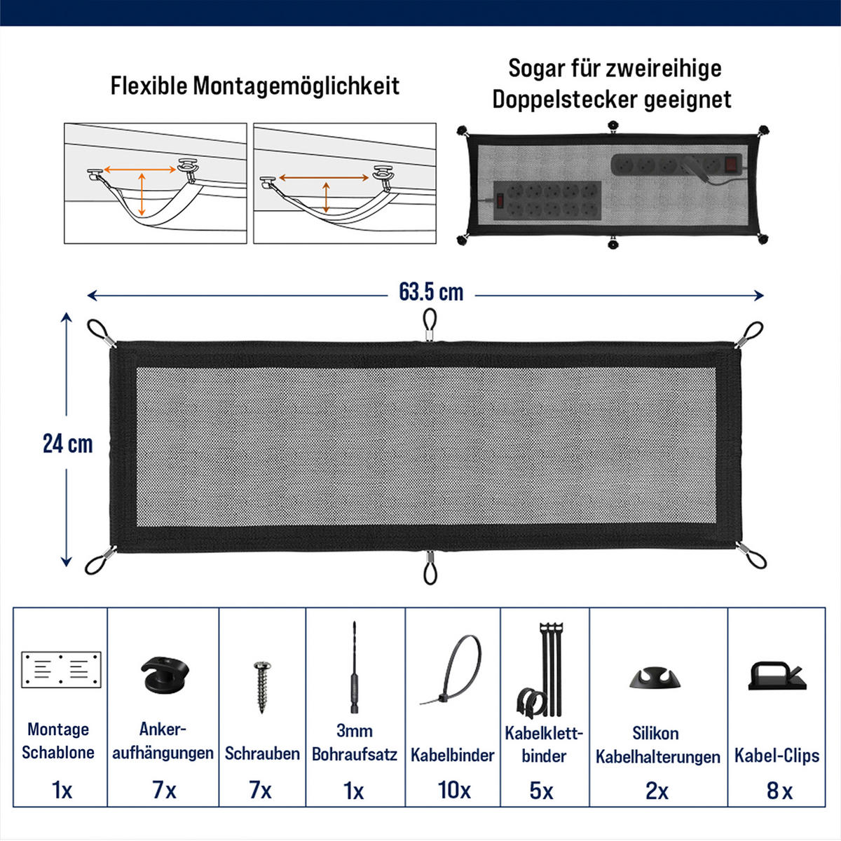 KABELMANAGEMENT Netz für den Schreibtisch, schwarz - Schwarz, Kunststoff (24/63.5/0.25cm) - Ultimate Setup