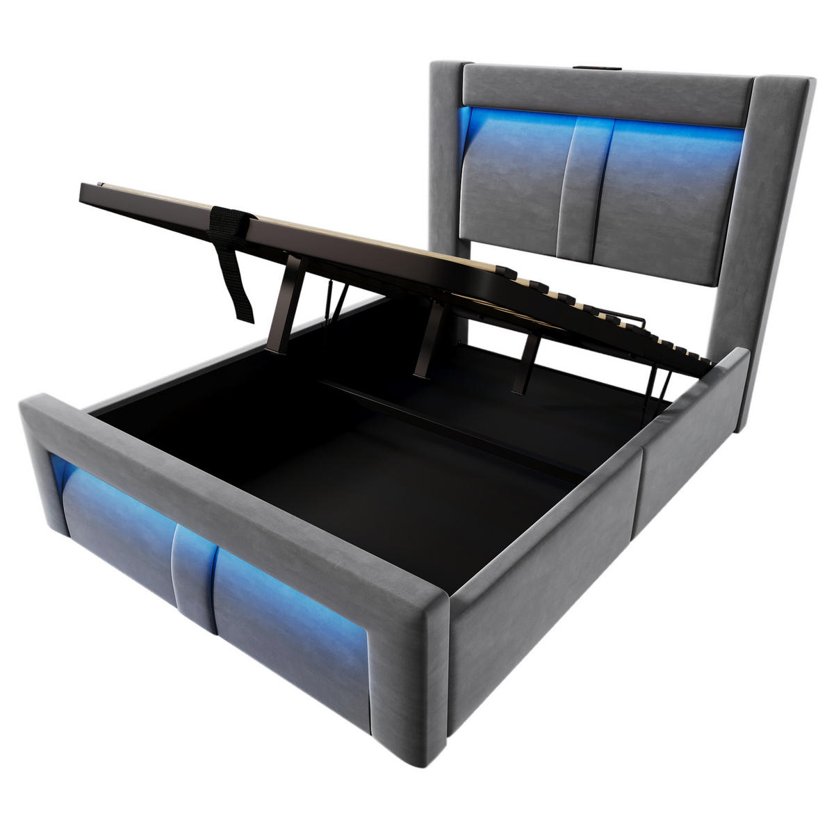 POLSTERBETT 90/200 cm Grau aus Samt mit Stauraum und LED mit Matratze - Grau, Textil (90/200cm) - OKWISH