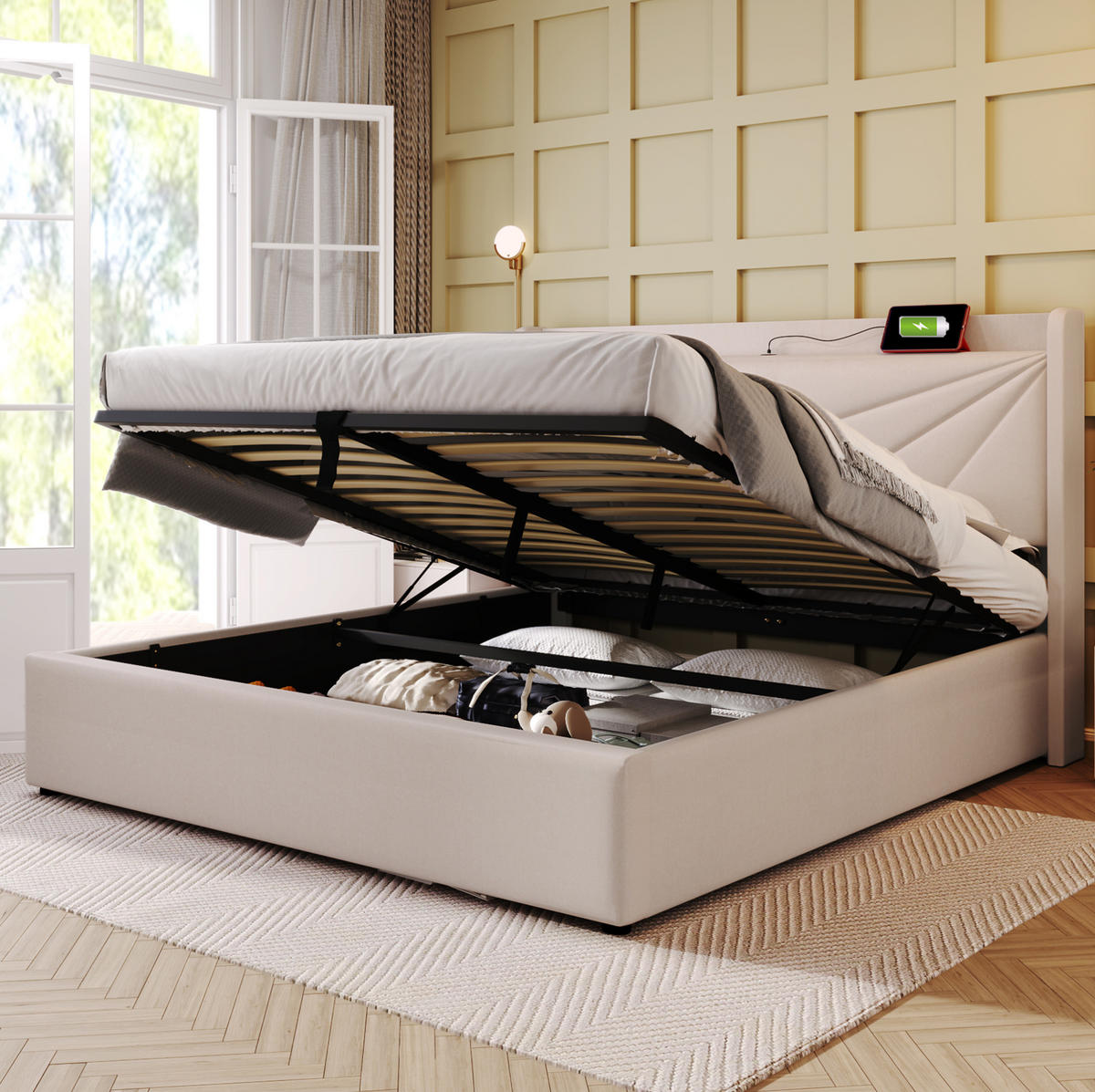 POLSTERBETT 180/200 cm Beige mit Stauraum und USB- und Type-C-Anschlüssen - Beige, Textil (180/200cm) - Flora Grace