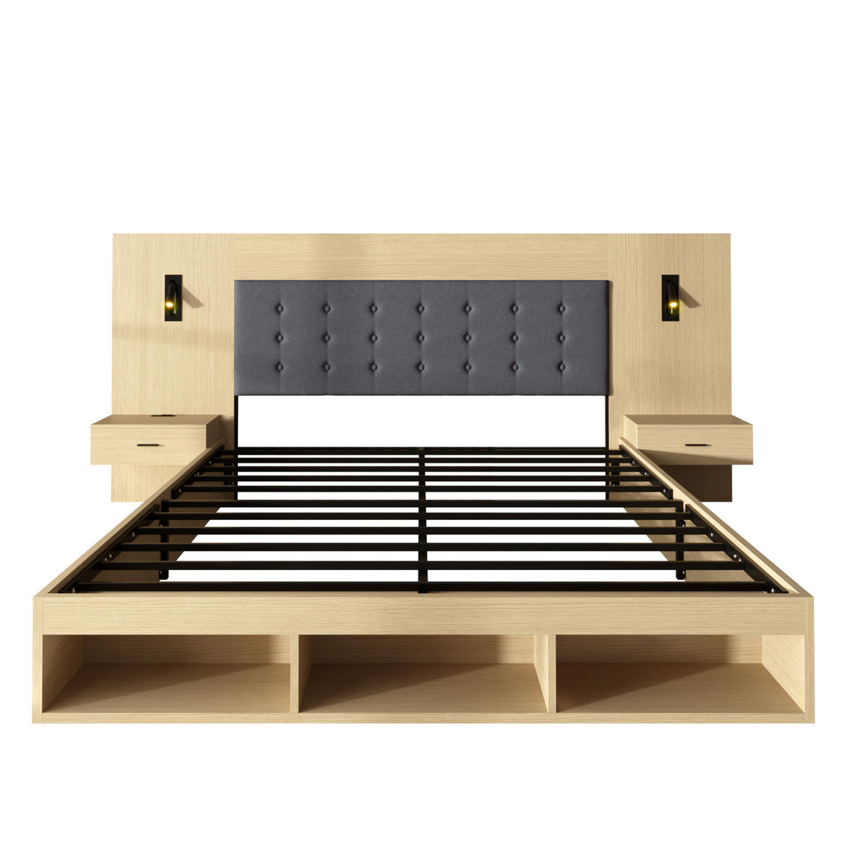 ČALOUNĚNÁ postel 180/200 cm z MDF, světle dubová, se zásuvným úložným prostorem a LED lampou - barva dubu, kompozitní dřevo (180/200cm) - BEAOK