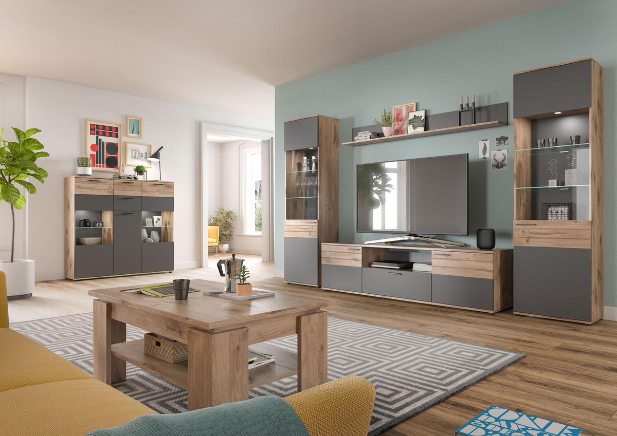 VITRINE MASON (B/H/T: ca. 57/200/37 cm) in Nox Oak Nachbildung/Basalt grau - Eichefarben, Holzwerkstoff (57/200/37cm)