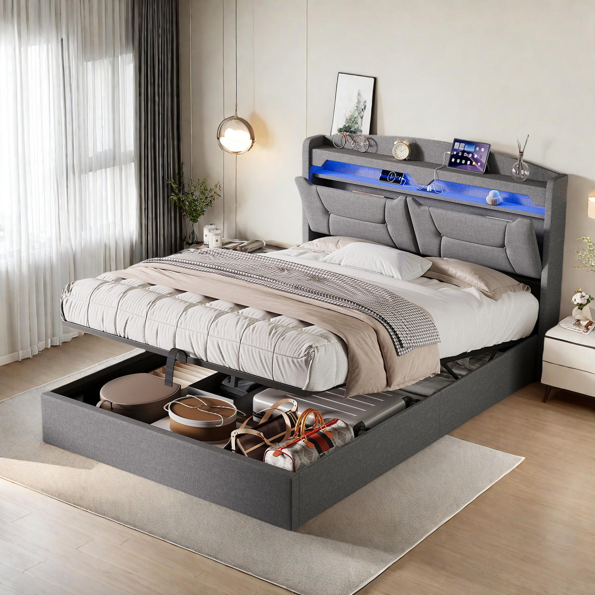 POLSTERBETT 140x190 cm Hellgrau Leinen LED USB Kopfteil Bettkasten - Grau, Holz (140/190cm) - SHOPENTRA
