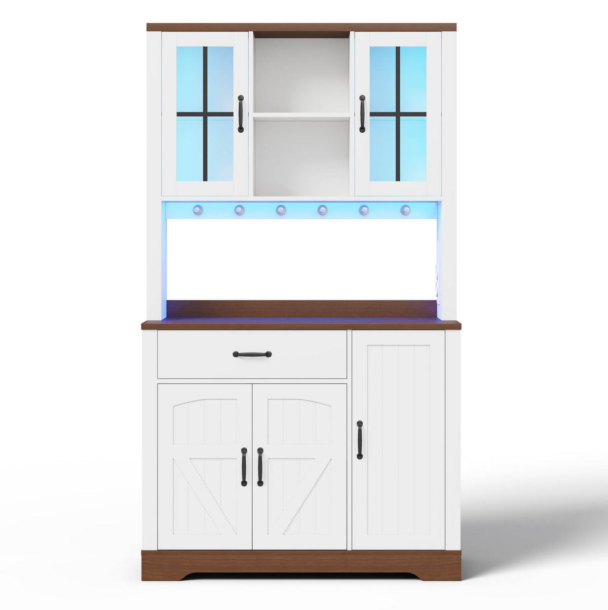 BUFFET aus MDF 105x40x185 cm Natur/Weiß mit LED-Beleuchtung, Steckdosenmodul und verstellbaren Einlegeböden - Naturfarben, Holzwerkstoff (105/185/40cm) - Modfu