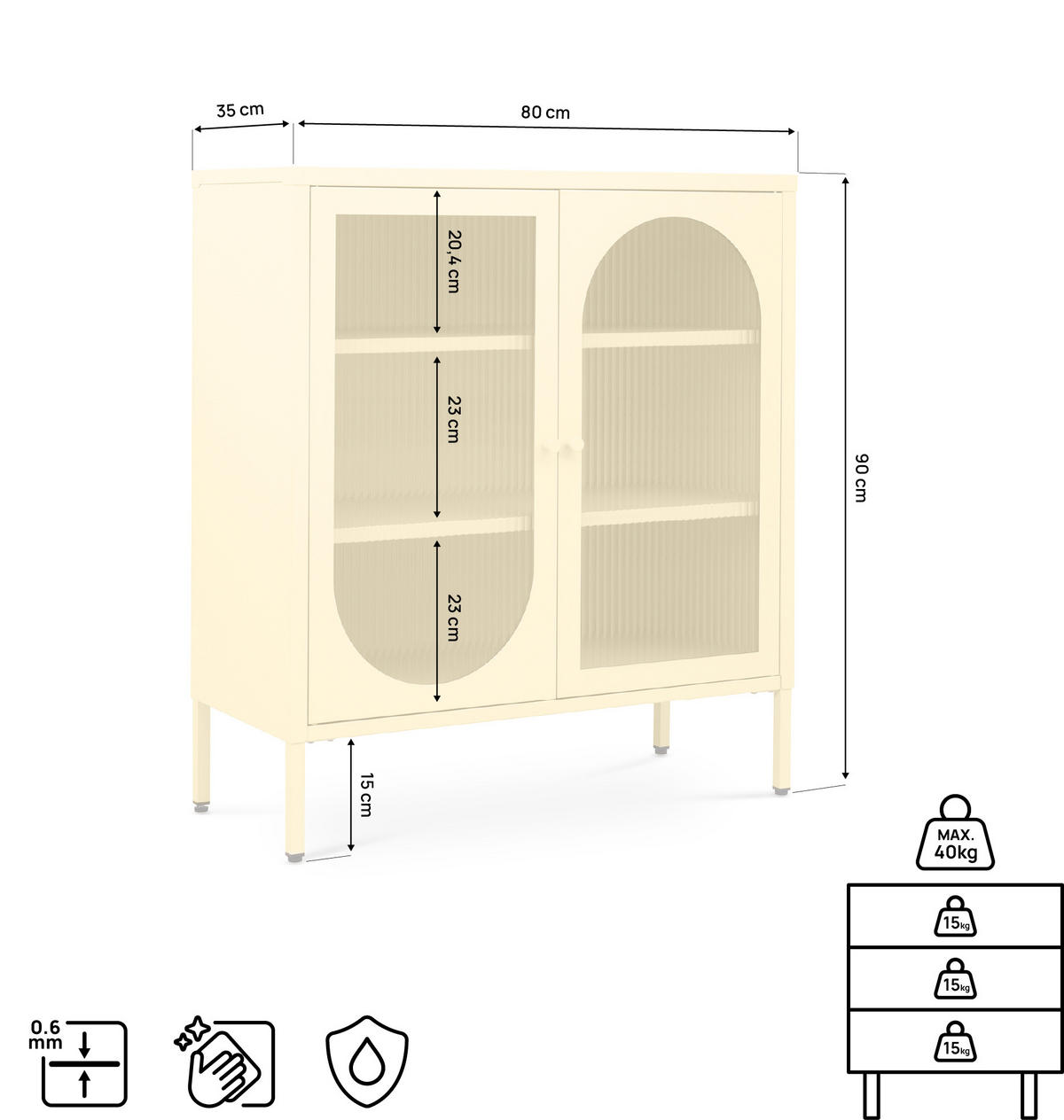 SIDEBOARD KURT aus Metall im Industriestil mit 2 Türen, Pastellgelb und geriffeltem Glas, 80 cm - Hellgelb, Metall (80/90/35cm) - Sicaan