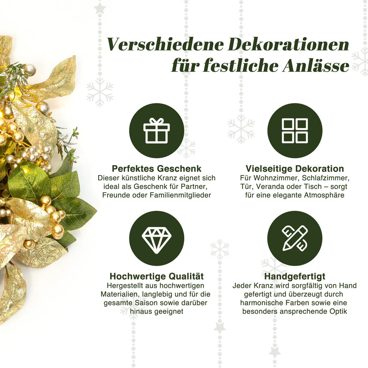 40CM Weihnachtskranz mit LED & Timer, Goldblätter & Beeren - Grün, Kunststoff (45cm) - Hometopia